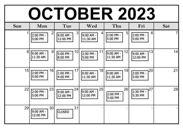 October 2023 hours