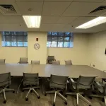 A view of the conference table in the conference room.